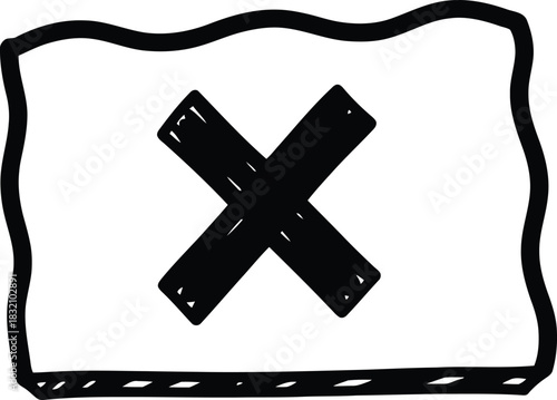 Doodle simple tag with an 'X' icon, hand-drawn solid black on white, indicating item removed, quick retail sketch