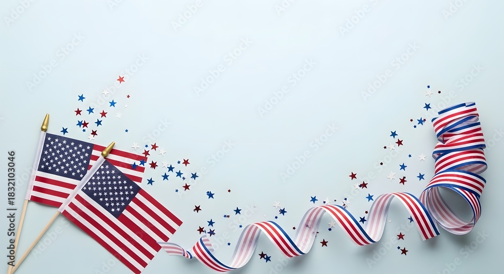 Obraz premium Patriotic flat lay with american flags ribbon and confetti on blue background