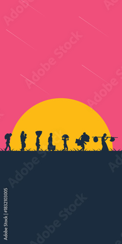 World refugee day. Refugee silhouette background template. A person forced to emigrate vector.