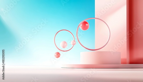 An abstract composition featuring geometric shapes, including spheres and rings, floating above a pink platform with a blue and pink background. The scene is li