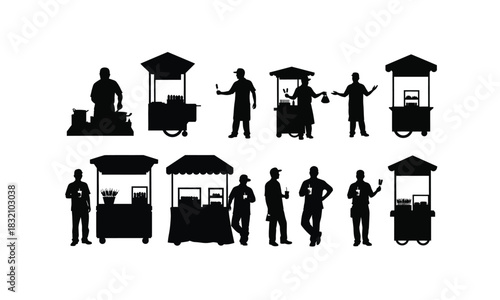 A street vendor selling snacks in various poses depicted as a striking silhouette against a clean white background perfect for commercial use isolated on white background