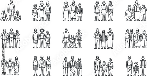 A collection of diverse people illustrations in black and white outline style, ideal for cultural themes and community representation