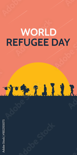 World refugee day. Refugee silhouette background template. A person forced to emigrate vector.