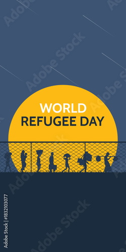 World refugee day. Refugee silhouette background template. A person forced to emigrate vector.