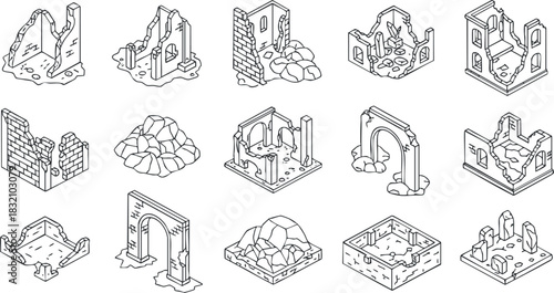 A collection of ancient ruins and historical architecture in an isometric outline vector style, suitable for game design and illustration
