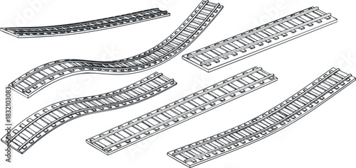 A set of curved railroad tracks in black and white outline vector style, suitable for engineering and transportation designs