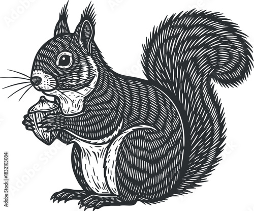 A detailed illustration of a playful squirrel holding a nut in a black and white hand-drawn style, perfect for nature-themed designs