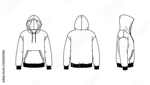 Outline drawing of hoodie from front back and side views on white
