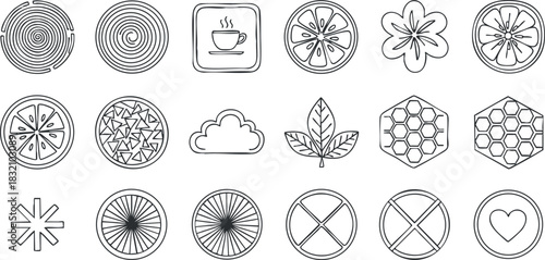 A collection of various outlined icons including coffee cup, citrus slices, flower, leaf, and geometric shapes in minimalist vector style, ideal for branding and creative projects