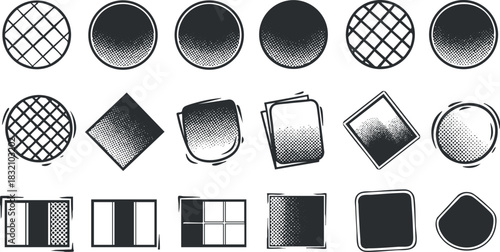 A collection of various geometric shapes including circles, squares, and diamonds in black and white vector style, suitable for graphic design projects