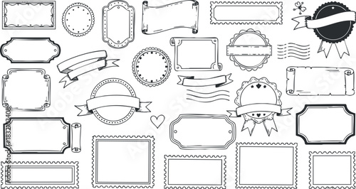 A collection of decorative frames, banners, and labels in outline vector style, perfect for stationery design and creative projects