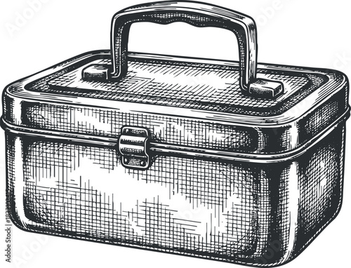 A vintage metal toolbox with a handle in detailed engraving style, perfect for DIY projects and craftsmanship