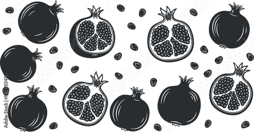 A collection of pomegranates and pomegranate slices in black and white vector style, ideal for food packaging and health-related designs