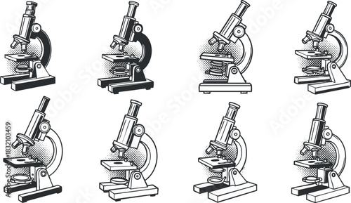 A collection of eight microscope illustrations in black and white outline vector style, ideal for educational and scientific designs