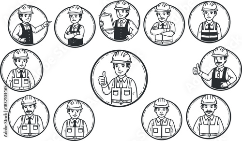 A set of construction worker icons in black and white outline vector style, suitable for industry-related projects and branding
