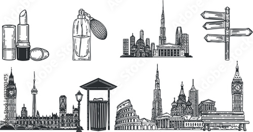 A collection of iconic city landmarks and beauty products in black and white outline vector style, suitable for travel and fashion branding