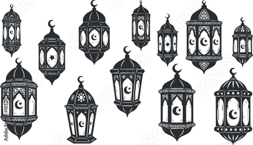 A collection of decorative lanterns featuring crescent moons in intricate black and white vector style, suitable for cultural and festive designs