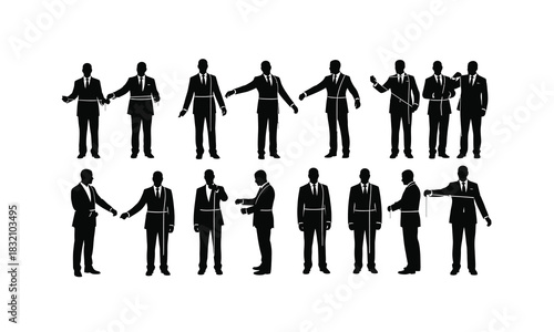 Tailoring master in various poses meticulously taking measurements with a tape measure presented as a clean silhouette on a white background isolated on white background