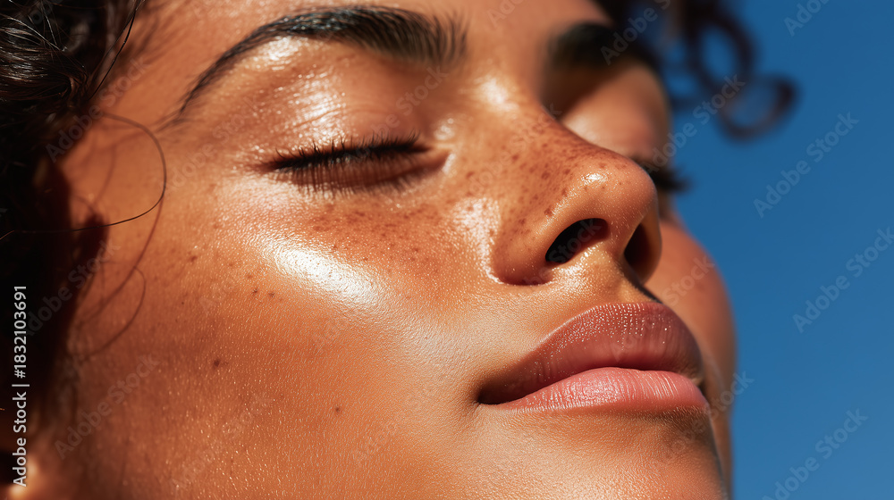 Fototapeta premium Radiant glow natural skin macro portrait with closed eyes, visible pores, freckles, smooth texture, and sun kissed complexion under clear blue sky, expressing calm confidence