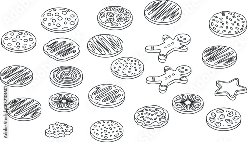 A collection of various cookie illustrations including round, star-shaped, and gingerbread in outline vector style, perfect for baking and dessert-themed projects