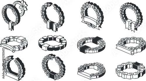 A collection of decorative wreaths and ribbons in black and white outline vector style, ideal for award designs and celebration themes