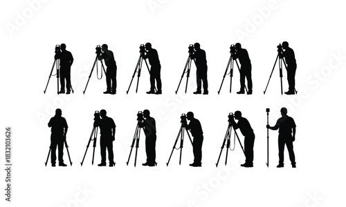 Silhouette of a surveyor using a theodolite in various poses isolated on white background