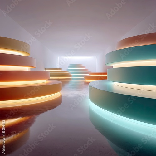 An abstract interior scene featuring multiple illuminated platforms in various pastel colors, reflected on a glossy floor. The lighting creates a futuristic and