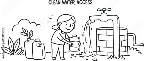 A child accessing clean water from a pump in a flat minimalist vector style, suitable for educational and environmental campaigns