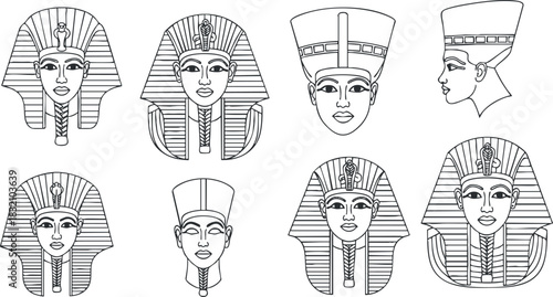A collection of Egyptian pharaoh head illustrations in outline black and white vector style, suitable for educational materials and cultural design