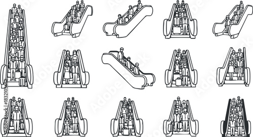 A set of outline illustrations of escalators with people in various positions in minimalist vector style, ideal for urban mobility concepts