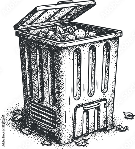 A detailed illustration of a trash bin filled with waste in a vintage black and white sketch style, ideal for eco-friendly projects