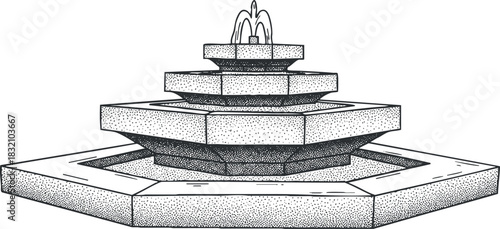 A geometric fountain design with multiple tiers and water spray in black and white minimalist vector style, suitable for landscape architecture projects