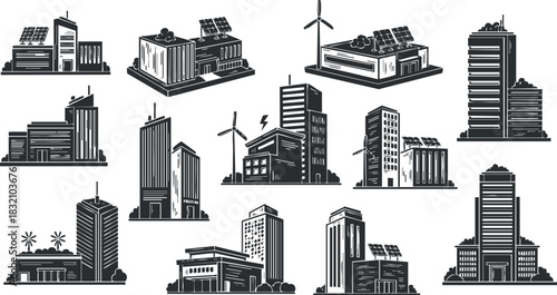 A collection of modern buildings and skyscrapers in black and white vector style, featuring solar panels and wind turbines, ideal for urban design projects