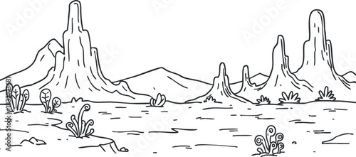 A desert landscape with mountains and cacti in black and white outline vector style, perfect for nature-themed designs