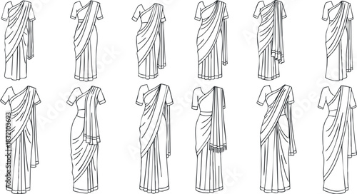 A collection of elegant saree designs in minimalist outline vector style, perfect for fashion illustration and textile design