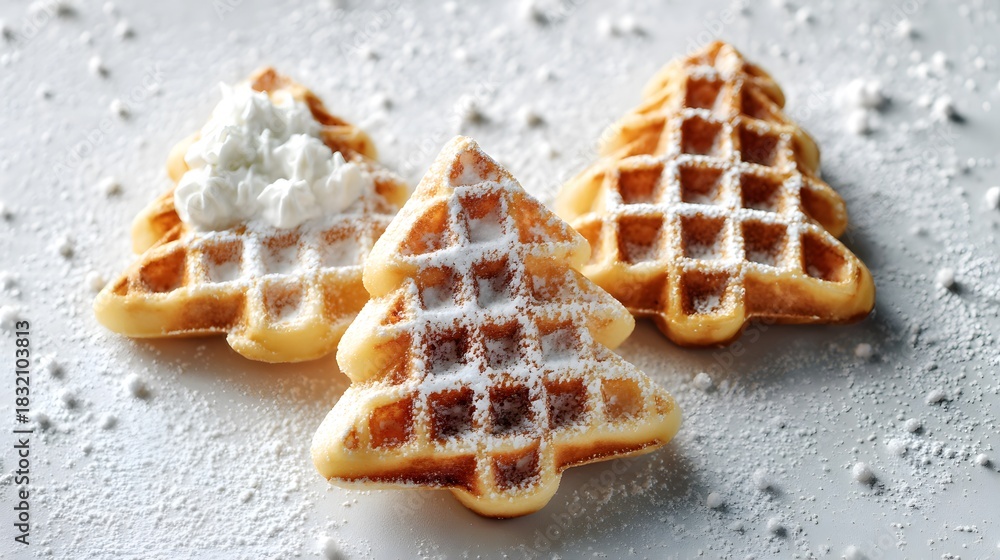 Obraz premium Christmas tree waffles dusted with powdered sugar and whipped cream