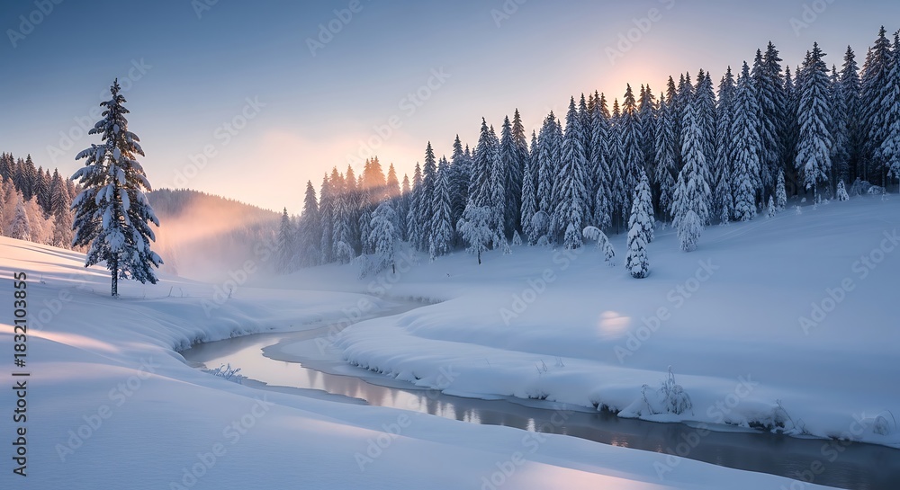 Obraz premium A serene winter scene with a winding stream through snow-covered landscape at dawn, sunlight peeking through trees