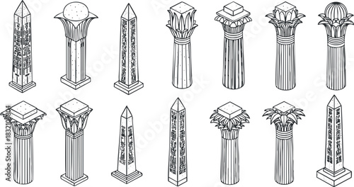 A collection of various architectural columns and pillars in detailed black and white outline vector style, suitable for design projects and historical illustrations
