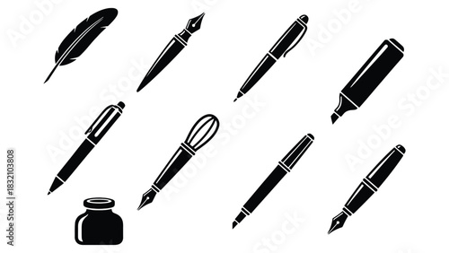 Collection of writing instruments including pens and ink in black and white