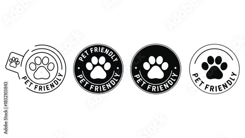 Four pet friendly icons with paw prints on a white background view