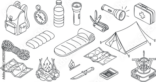 A collection of camping and outdoor adventure gear including a backpack, tent, flashlight, and survival tools in black and white outline vector style, perfect for outdoor activity designs