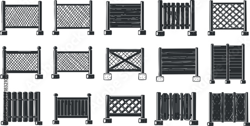 A collection of various fence designs in black and white outline vector style, ideal for landscaping and architectural projects