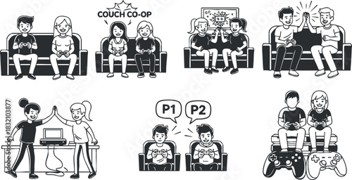 A collection of couch co-op gaming illustrations in black and white vector style, suitable for gaming community branding and promotional material