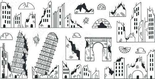 A collection of damaged and ruined historic architecture sketches in black and white outline vector style, suitable for urban design projects