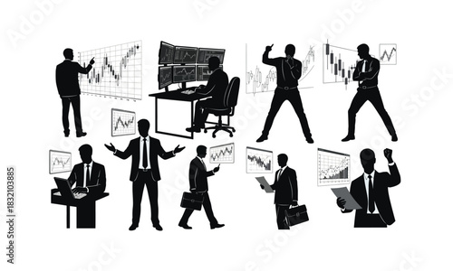 Dynamic stock trader silhouette analyzing complex financial graphs and charts in various poses isolated on white background