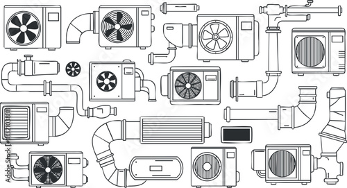 A collection of HVAC components including fans, ducts, and air conditioning units in detailed outline vector style, ideal for engineering and architectural design projects