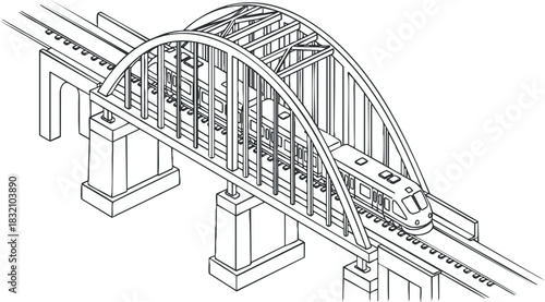 A detailed outline illustration of a train crossing a bridge in modern vector style, suitable for transportation and engineering projects