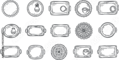A collection of hand-drawn outline plates and trays in black and white vector style, suitable for kitchenware design projects