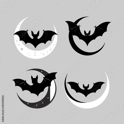 Black bat silhouette flying over crescent moon — spooky nocturnal gothic vector emblem, Halloween night symbol, minimal dark design