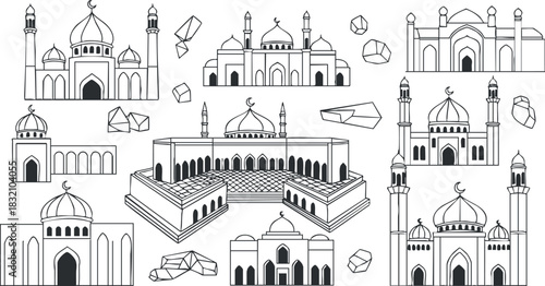 A collection of various mosque designs in black and white outline vector style, ideal for architectural projects and cultural illustrations